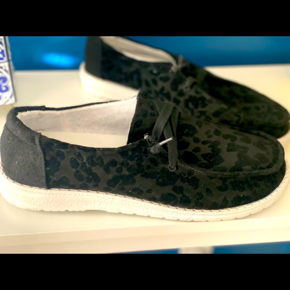 Black Leopard Slip On Shoes